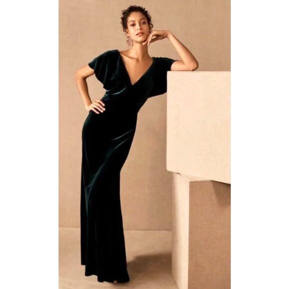 JENNY YOO BHLDN Ellis Flutter-Sleeve OpenBack Velvet Gown 6 Emerald Green Dress - Picture 3 of 14